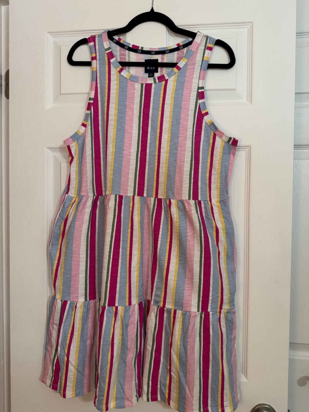 GAP womens Multicolor Striped Tiered Tank Dress - Pink, Yellow, Blue